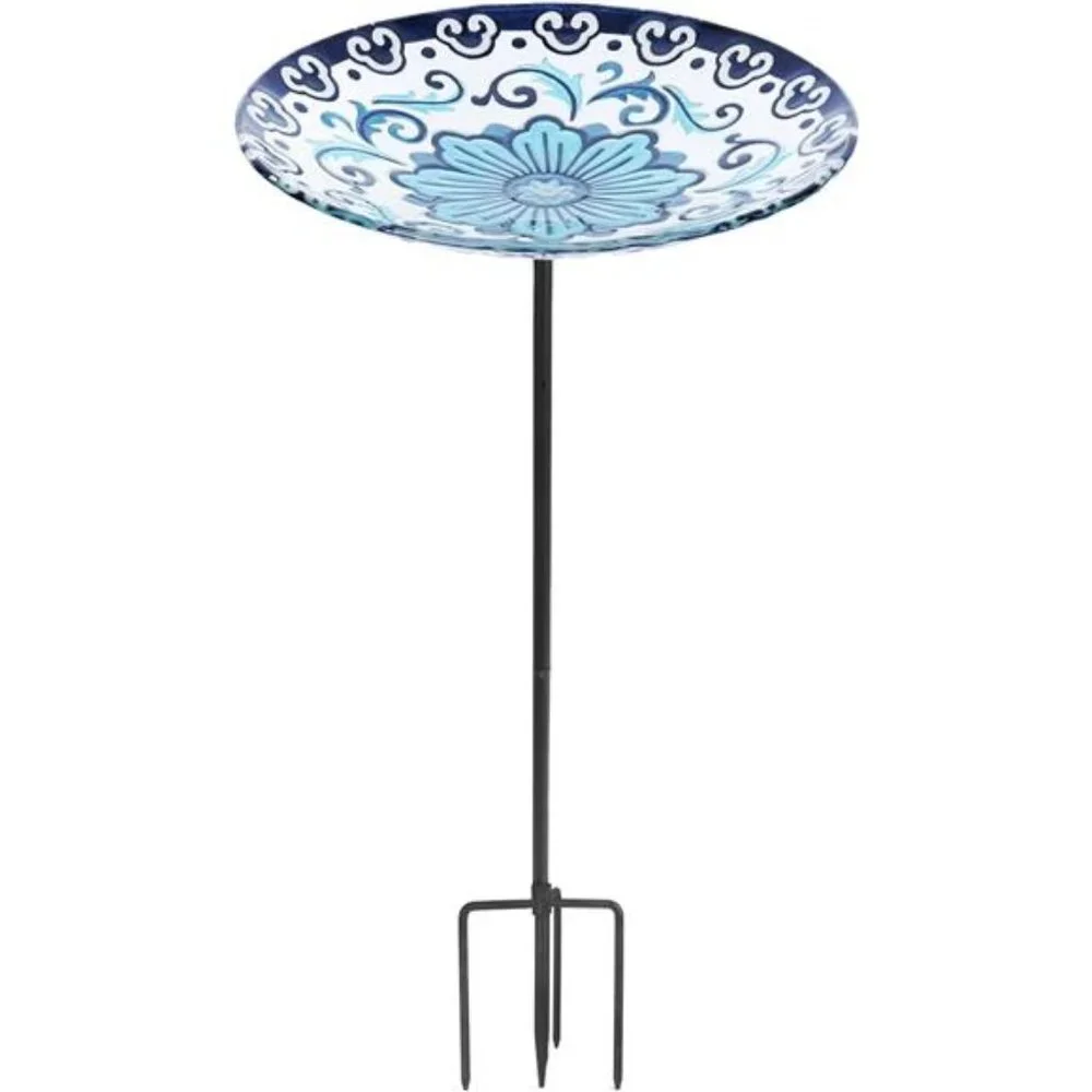 Glass Bird Baths,Garden Outdoor Birdbath Birdfeeder with Metal Stake for Outside